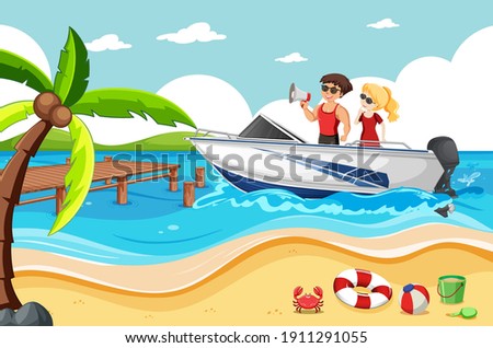 A couple on a speed boat in the beach scene illustration