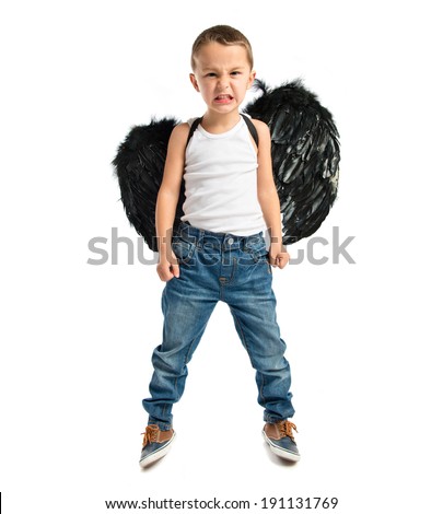 Kid with black wings over white background 