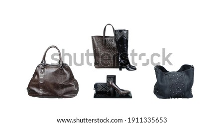Large group of fashionable women's shoes and purse composition. Isolated on white, studio shot