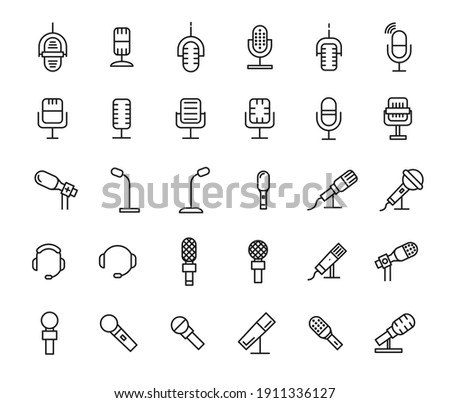 Microphone icons set, thin line. Outline vector microphones