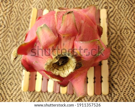 Selective focus dragon fruits on the hollow wooden. 