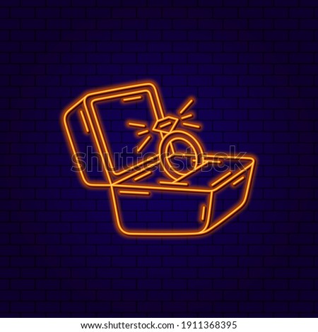 Wedding Ring in a box. 3d Neon icon in vector. Doodle ring. Neon sign of Engagement. Outline gold ring with a diamond. Vector illustration for wedding, engagement and marriage.