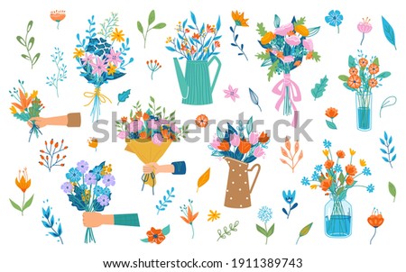 Hand holding or giving blooming bouquet of flowers, spring blossom and flourishing. Florist composition for holiday celebration. Flora in vase, decorative branches. Vector in flat cartoon style Royalty-Free Stock Photo #1911389743