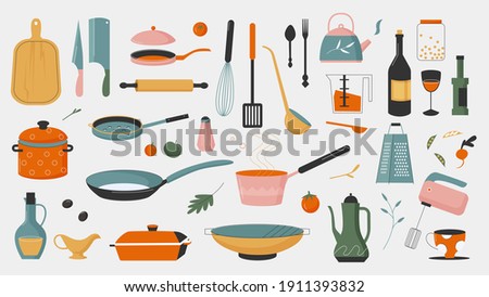Crockery, kitchenware tools for cooking vector illustration set. Cartoon modern ceramic glass or metal home kitchen utensils cookware collection with colorful cup jug plate pottery, pan teapot Royalty-Free Stock Photo #1911393832