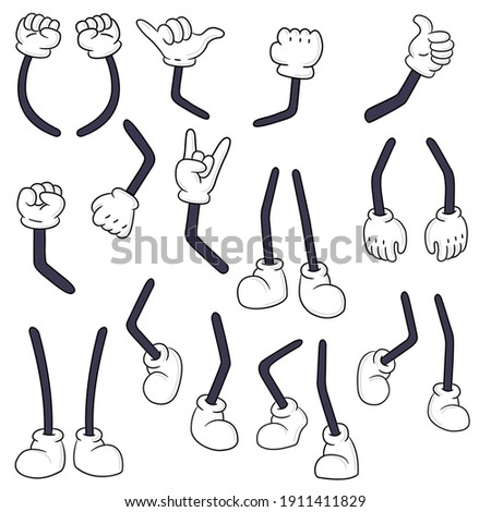 Comical hands and legs collection. Funny cartoon arms in gloves and feet in shoes performing various gestures and actions. Vector illustration for body language, comics, artwork Royalty-Free Stock Photo #1911411829