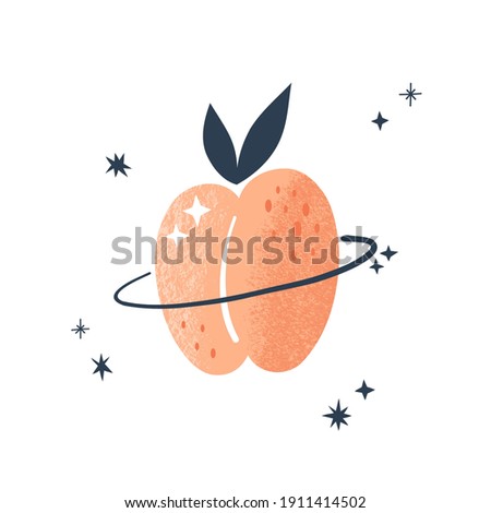 Peach planet Celestial fruit vector illustration isolated on white. Juicy galaxy Peachy space summer art for kid textile apparel design print