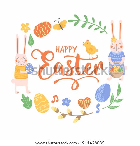Happy Easter greeting cards. Cute bunnies, easter eggs and flowers. Hand drawn flat cartoon elements. Vector illustration. Isolated on white background