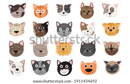 Funny cat face set illustration emotions. Cute animal face cat heads collection. Cartoon kitten pet isolated white icon. Drawing happy avatar doodle sticker. Adorable symbol design portrait