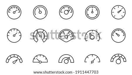 Speedometer icon set. Gauge, dashboard, indicator, scale. Vector thin line icons. Royalty-Free Stock Photo #1911447703