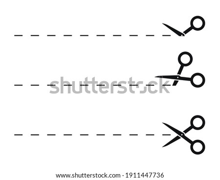 Set of scissors with cut lines. Black scissors cutting. Vector icons.