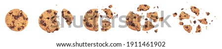 Isolated clipping path of die cut dark chocolate chip cookies piece set stack and crumbs on white background of closeup tasty bakery organic homemade American biscuit sweet dessert Royalty-Free Stock Photo #1911461902