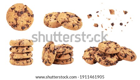 Isolated clipping path of die cut dark chocolate chip cookies piece set stack and crumbs on white background of closeup tasty bakery organic homemade American biscuit sweet dessert Royalty-Free Stock Photo #1911461905