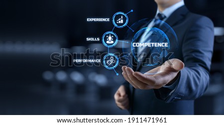 Competence skills business and personal development concept. Businessman pressing button on screen. Royalty-Free Stock Photo #1911471961