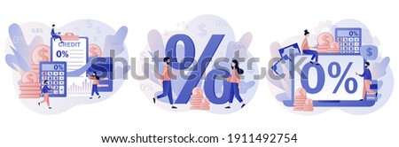 Bank credit concept. Percent, good interest rate, interest-free. Finance management. Tiny people signing loan agreement. Modern flat cartoon style. Vector illustration on white background Royalty-Free Stock Photo #1911492754