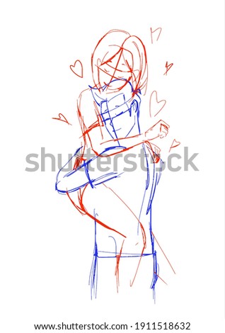 Boyfriend and girlfriend hug and smile. Couple in love on Valentines day. Line art sketch red-blue. Vector illustration.