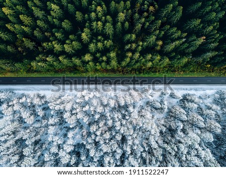 Aerial view of a highway road through the forest in summer and winter. Royalty-Free Stock Photo #1911522247