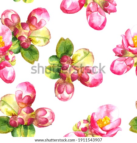 Autumn watercolor pattern of colorful spring flowers with leaves on isolated white background