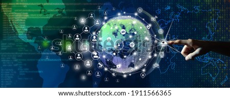 Global business, People and Network connection concept.  Businessman leading the global connection with connecting people orbit around the world. Code program, Digital binary and World map background.