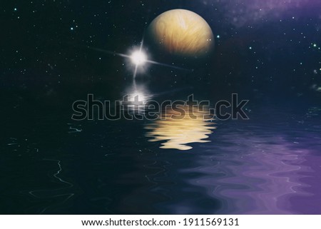 Beautiful unusual space planet in space reflected in water, galaxy stars night sky ,Elements of this Image Furnished by NASA ,