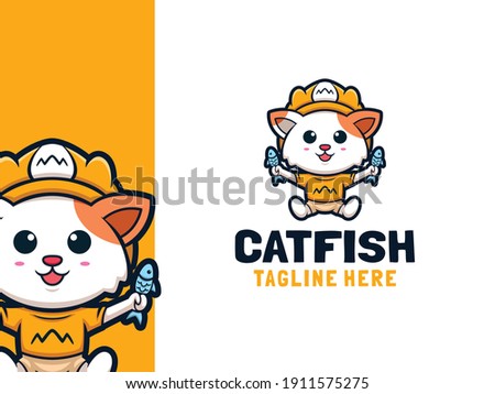 logo cute cartoon Cat fish design vector mascot character illustration