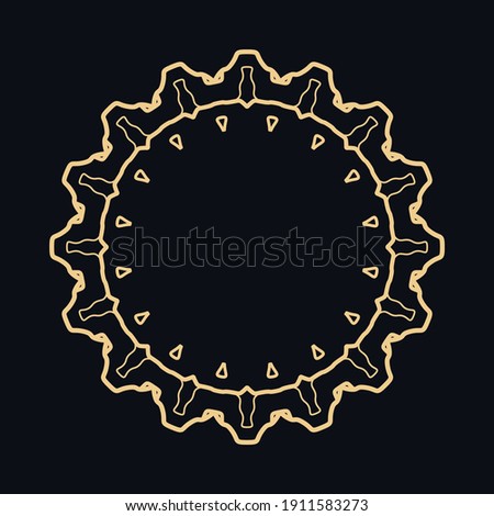 Golden round ornament, frame, border, line art icon. Vector linear floral geometric motif. Isolated design element for brochure, invitation card, logo, monogram, emblem. Gold and black background
