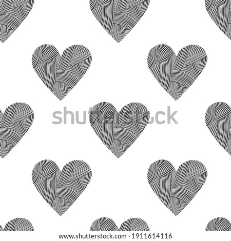 Vector seamless pattern with black hearts with hand drawn texture. Funny textured elements on white background.