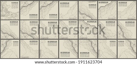 Topographic pattern texture vector Set. Grey contours vector topography. Geographic mountain topography vector illustration. Map on land vector terrain. Elevation graphic contour height lines. Royalty-Free Stock Photo #1911623704