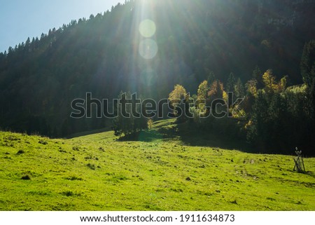 Hiking in autumn mountain meadow with sun beams