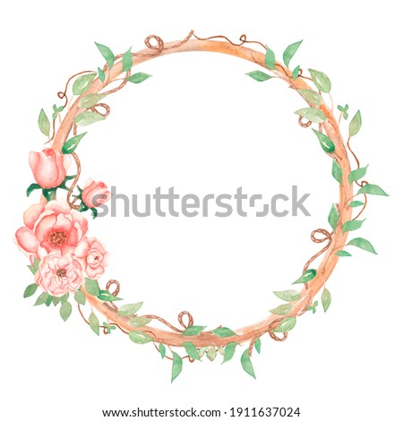 Vintage Floral Wreath Clipart, Watercolor Romantic Pink Peony Flower Frame Clip art, Delicate Peach Roses and greenery Bouquet illustration