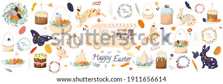 Happy Easter - a large spring Easter set of cute items: cakes, painted colored eggs, candles, food baskets, a van with flowers, feathers, rabbits, butterflies, wreaths. Vector clip art