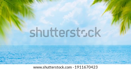 Blurred summer natural marine tropical blue background with palm leaves and sunbeams. Sea and sky with white clouds. Copy space, summer vacation concept