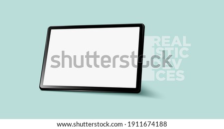 Realistic horizontal black tablet pc pad computer mockups vector EPS. Royalty-Free Stock Photo #1911674188