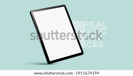 Realistic vertical black tablet pc pad computer mockups vector EPS. Royalty-Free Stock Photo #1911674194