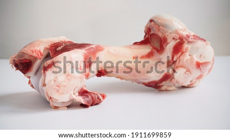Close-up large raw bone of big animal cow or pig on white background. Bone for cooking broth. Food for dogs Royalty-Free Stock Photo #1911699859