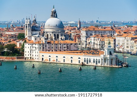 View of Giudecca Canal in Venice from the bell tower of San Giorgio Maggiore, with Punta della Dogana and the cupolas of Santa Maria della Salute Royalty-Free Stock Photo #1911727918
