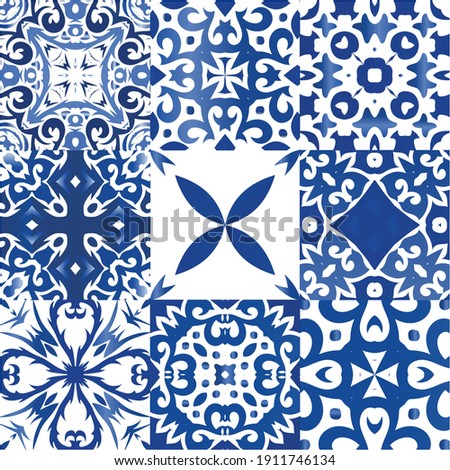Portuguese ornamental azulejo ceramic. Colored design. Kit of vector seamless patterns. Blue vintage backdrops for wallpaper, web background, towels, print, surface texture, pillows.