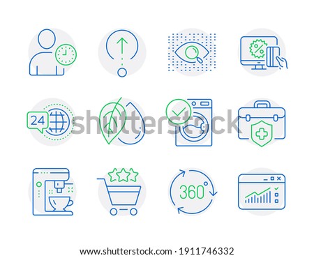Business icons set. Included icon as 360 degree, Time management, Shopping rating signs. Artificial intelligence, Medical insurance, Mineral oil symbols. Swipe up, Washing machine. Vector