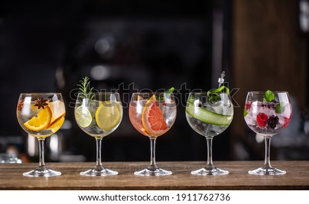 Gin tonic long drink as a classic cocktail in various forms with garnish in individual glasses such as orange, lemon, grapefruit, cucumber or berries. Royalty-Free Stock Photo #1911762736