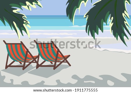 Landscape tropical coast sea shore with palms and two sun loungers sunny day wave sand sky sea vacation exotic cartoon Flat Vector illustration seascape.