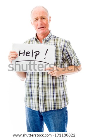 Senior man holding a message board with the text words "Help"