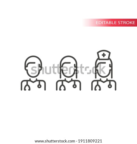 Medical doctor and nurse line vector icon set. Outline, editable stroke symbols.