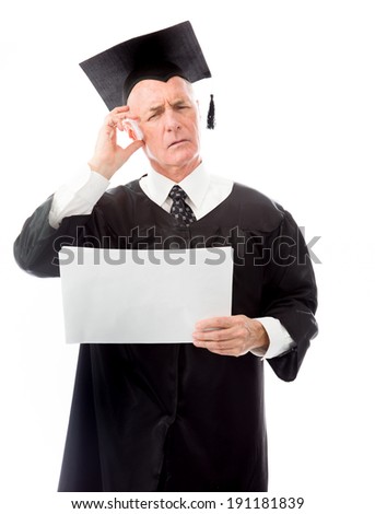 Senior male graduate holding blank sheets of paper and thinking