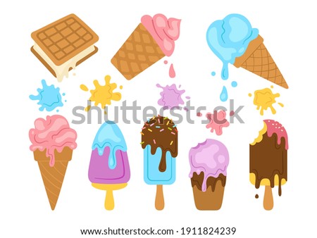 Ice cream kawaii cartoon set. Chocolate, waffle ice cream cone fruit berry. Bright cute summer collection sweet food and splash, falling drops. Isolated cute dessert vector illustration