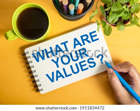 What are your core values, text words typography written on book against yellow background, life and business motivational inspirational concept