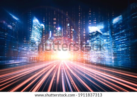 Digital data flow on road with motion blur to create vision of fast speed transfer . Concept of future digital transformation , disruptive innovation and agile business methodology . Royalty-Free Stock Photo #1911837313