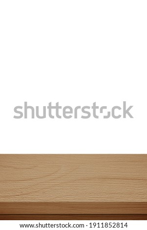Empty vertical wooden table top, desk isolated on white background, Wood table surface for product display background, White counter, shelf  for food display banner, backdrop