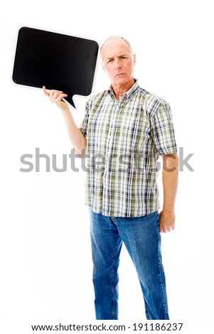 Senior man holding a blank speech bubble