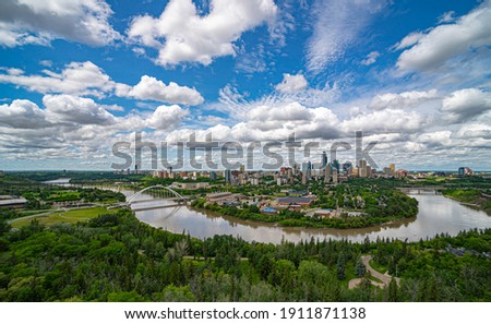 Scenic aerial view of downtown Edmonton, Alberta, Canada. Royalty-Free Stock Photo #1911871138