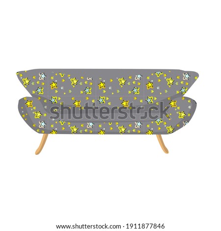 A sofa with a bright stars in gray and yellow tones. Vector illustration in a flat style.