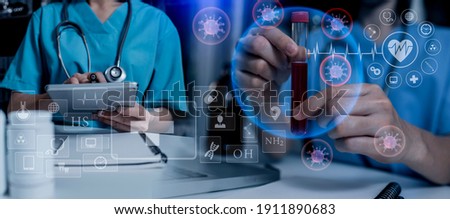 Double exposure of technology healthcare And Medicine concept. Doctors team using digital tablet computer and modern virtual screen interface icons panoramic banner, blurred background.